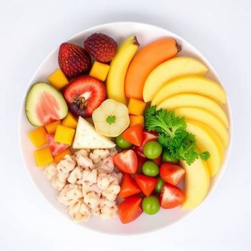 A vibrant and colorful plate of a balanced meal with fruits, vegetables, lean protein, and whole grains.