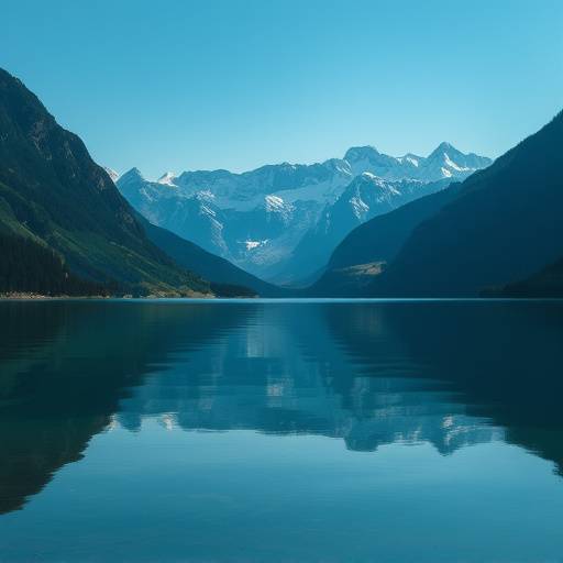 Serene landscape with mountains and a calm lake, representing peace and tranquility